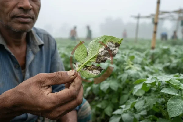 হাতে উল্টে ধরা আলুর পাতার নিচের দিকে গাঢ় পানিভেজা দাগের কিনারায় সাদা পাউডারের মতো ছত্রাকের আস্তরণ; পেছনে কুয়াশাভেজা আলুর ক্ষেত।