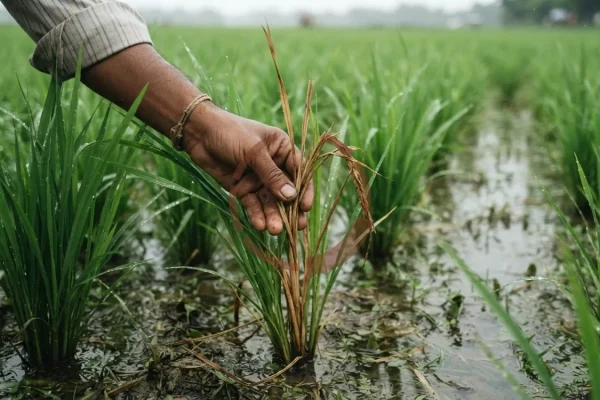 সবুজ আমন ধানের ঝাড় থেকে হাত দিয়ে টেনে তোলা হচ্ছে একটি শুকনো বাদামি ডিগ, যেটি গোড়া থেকে আলগা হয়ে উঠে আসছে; চারপাশে পানি জমা ধানক্ষেত।