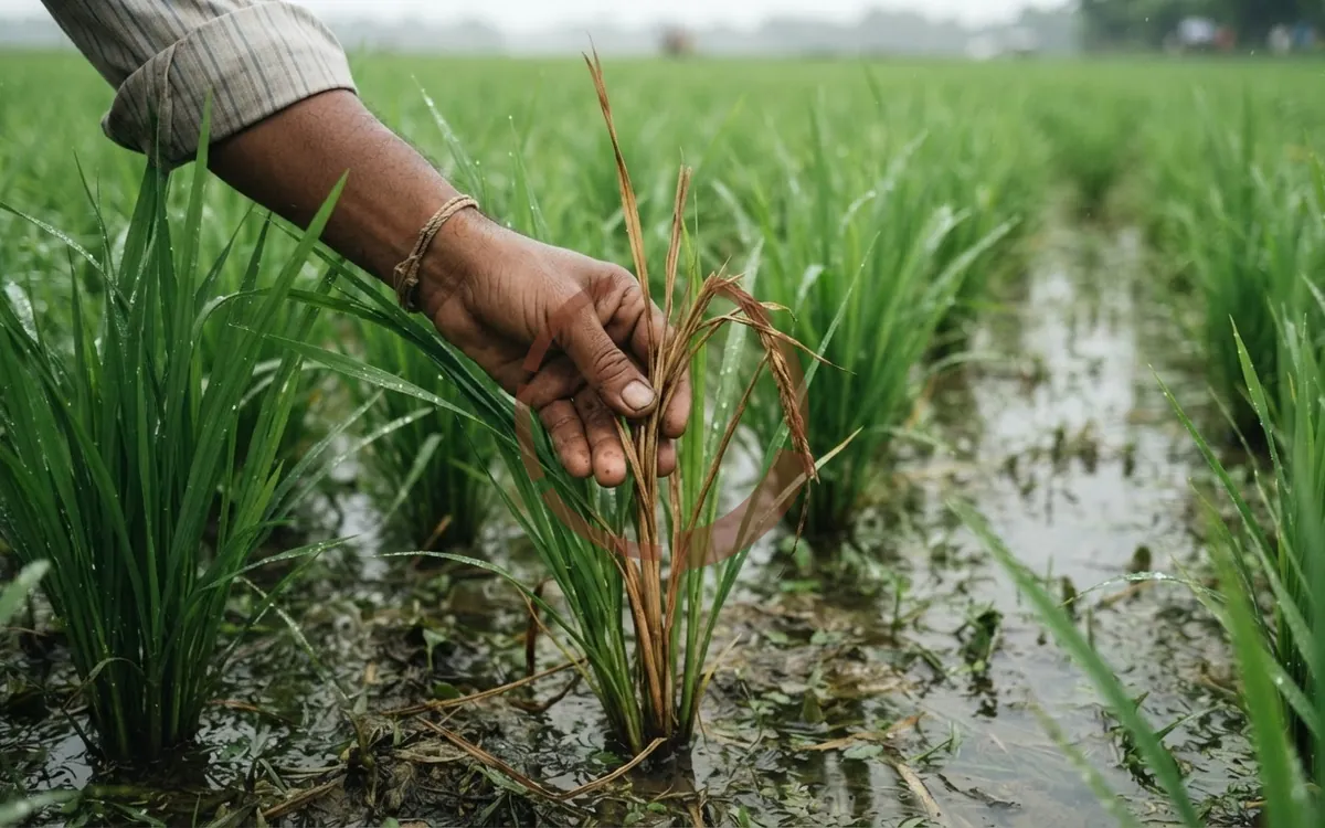 সবুজ আমন ধানের ঝাড় থেকে হাত দিয়ে টেনে তোলা হচ্ছে একটি শুকনো বাদামি ডিগ, যেটি গোড়া থেকে আলগা হয়ে উঠে আসছে; চারপাশে পানি জমা ধানক্ষেত।