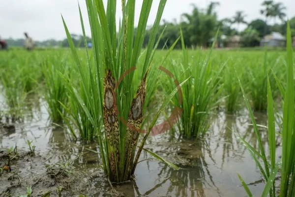ধানগাছের গোড়ার দিকে পাতার খোলে ডিম্বাকার দাগ, মাঝখানে ছাই রং ও চারপাশে বাদামি সীমারেখা; কয়েকটি দাগ মিশে সাপের চামড়ার নকশা তৈরি করেছে।