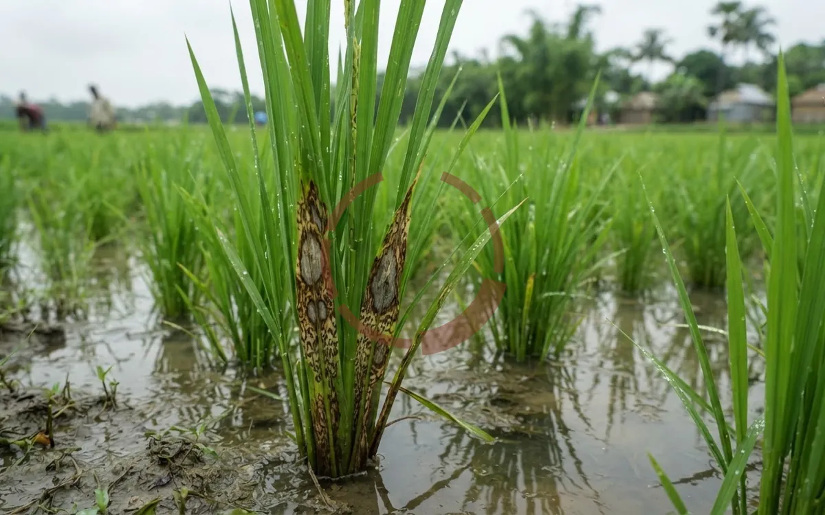 ধানগাছের গোড়ার দিকে পাতার খোলে ডিম্বাকার দাগ, মাঝখানে ছাই রং ও চারপাশে বাদামি সীমারেখা; কয়েকটি দাগ মিশে সাপের চামড়ার নকশা তৈরি করেছে।