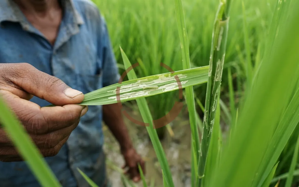 একটি ধানের পাতা লম্বালম্বি মুড়ে নল হয়ে আছে, হাত দিয়ে খুলে ধরায় ভেতরের সাদা খাওয়ার দাগ ও ছোট কীড়া দেখা যাচ্ছে।