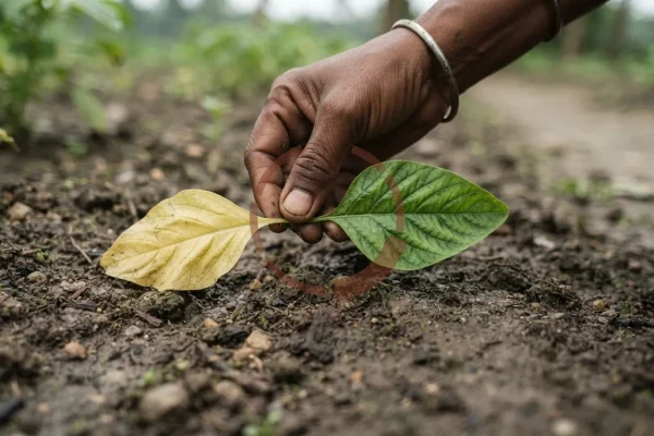 হাতে ধরা একই গাছের দুটি পাতা পাশাপাশি; নিচের পুরোনো পাতাটি পুরো হলদে, উপরের কচি পাতাটি এখনো সবুজ।