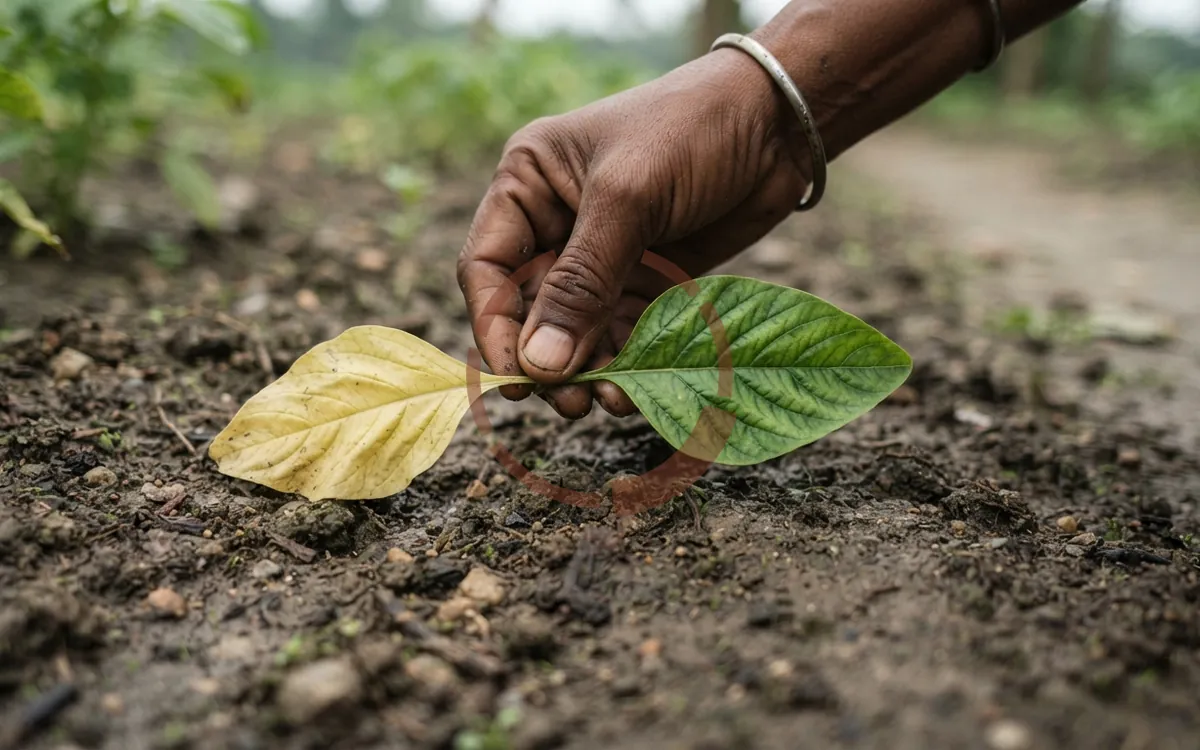 হাতে ধরা একই গাছের দুটি পাতা পাশাপাশি; নিচের পুরোনো পাতাটি পুরো হলদে, উপরের কচি পাতাটি এখনো সবুজ।