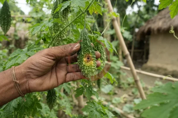 মাচায় ঝুলন্ত একটি কচি করলা হাতে ধরা, গায়ে ছোট ছিদ্র ও তার চারপাশে শুকনো বাদামি দাগ, ফলের একাংশ হলুদ হতে শুরু করেছে।