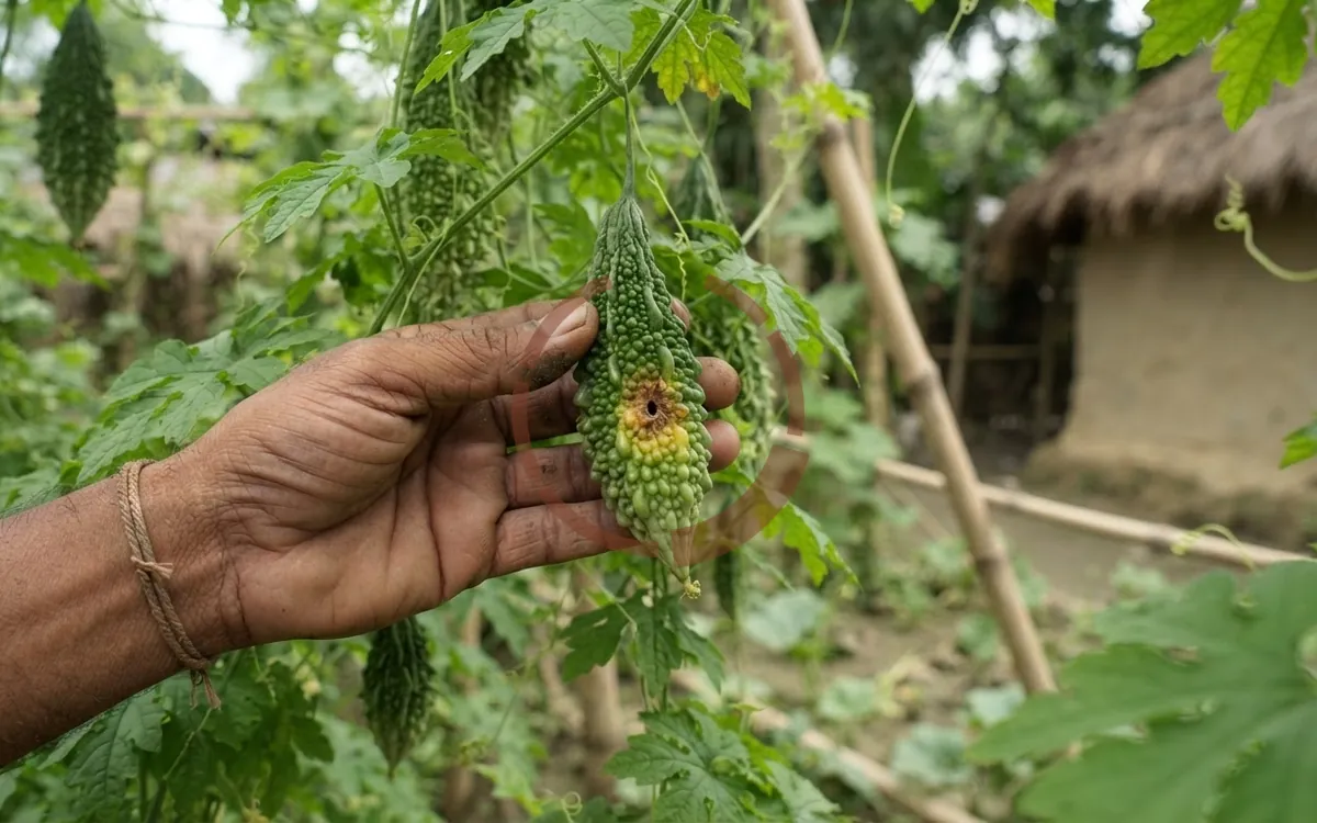 মাচায় ঝুলন্ত একটি কচি করলা হাতে ধরা, গায়ে ছোট ছিদ্র ও তার চারপাশে শুকনো বাদামি দাগ, ফলের একাংশ হলুদ হতে শুরু করেছে।